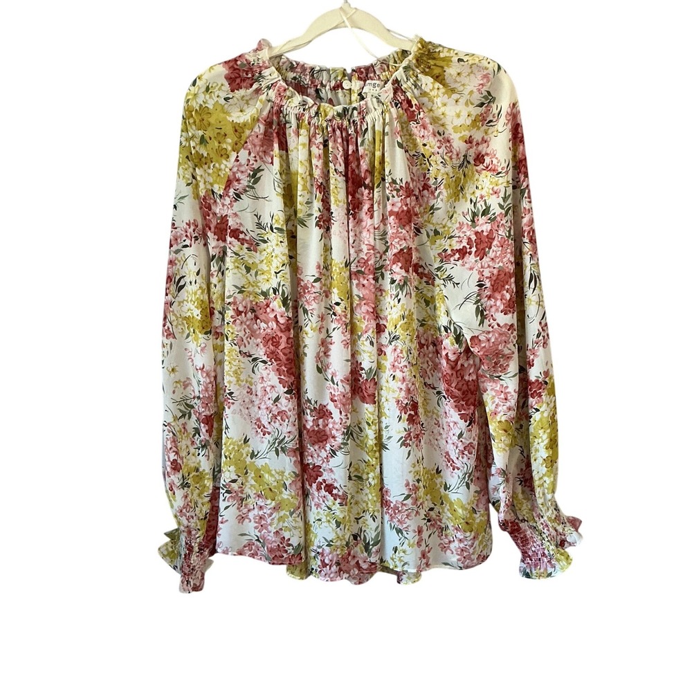 Umgee Womens Floral Ruffle Neck Blouse Pink Yellow Smocked Cuff Top C2486 M